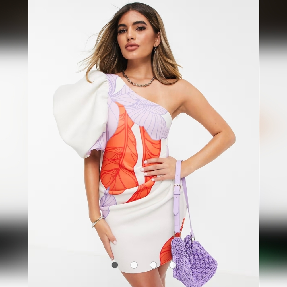 $70 ASOS DESIGN bubble one sleeve bodycon dress 6 abstract floral print Mini S